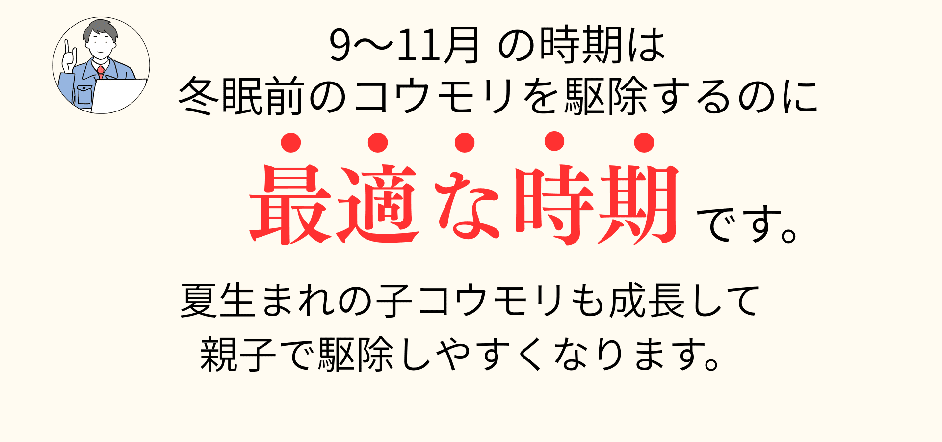 9〜11月の時期は冬眠前のコウモリを駆除するのに最適な時期 です。夏生まれの子コウモリも成長して親子で駆除しやすくなります。