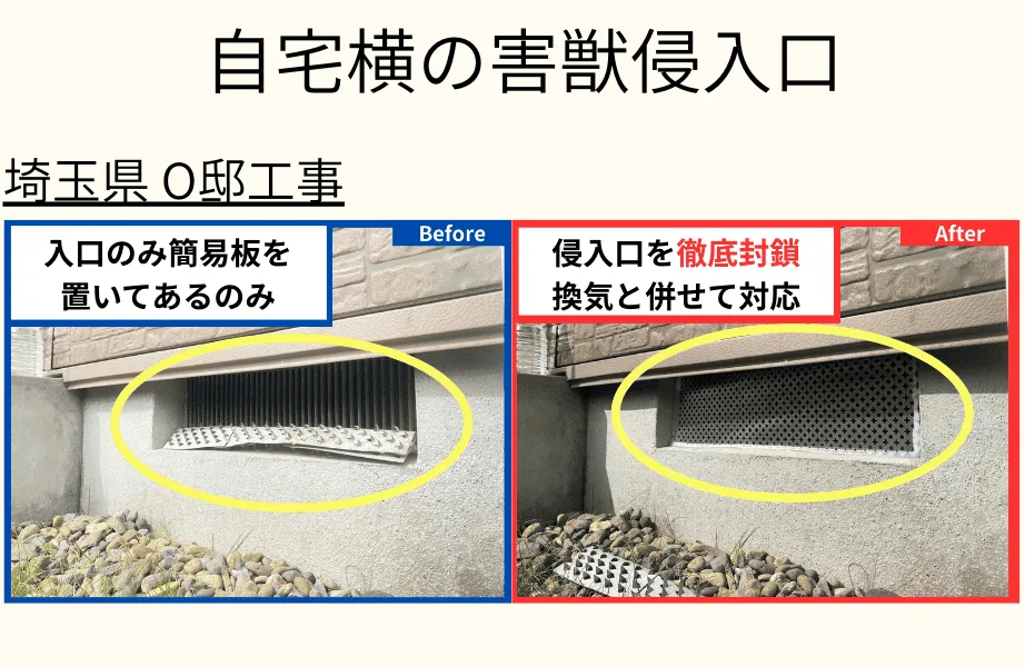 自宅裏の害獣侵入口　埼玉県O邸工事