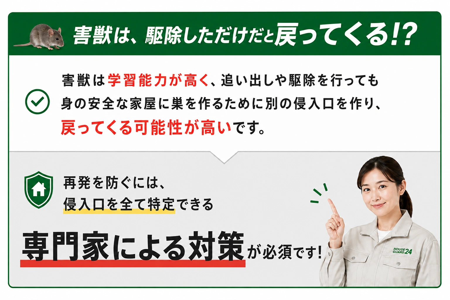 害獣は駆除しただけだと戻ってくるので専門家による対策が必須です