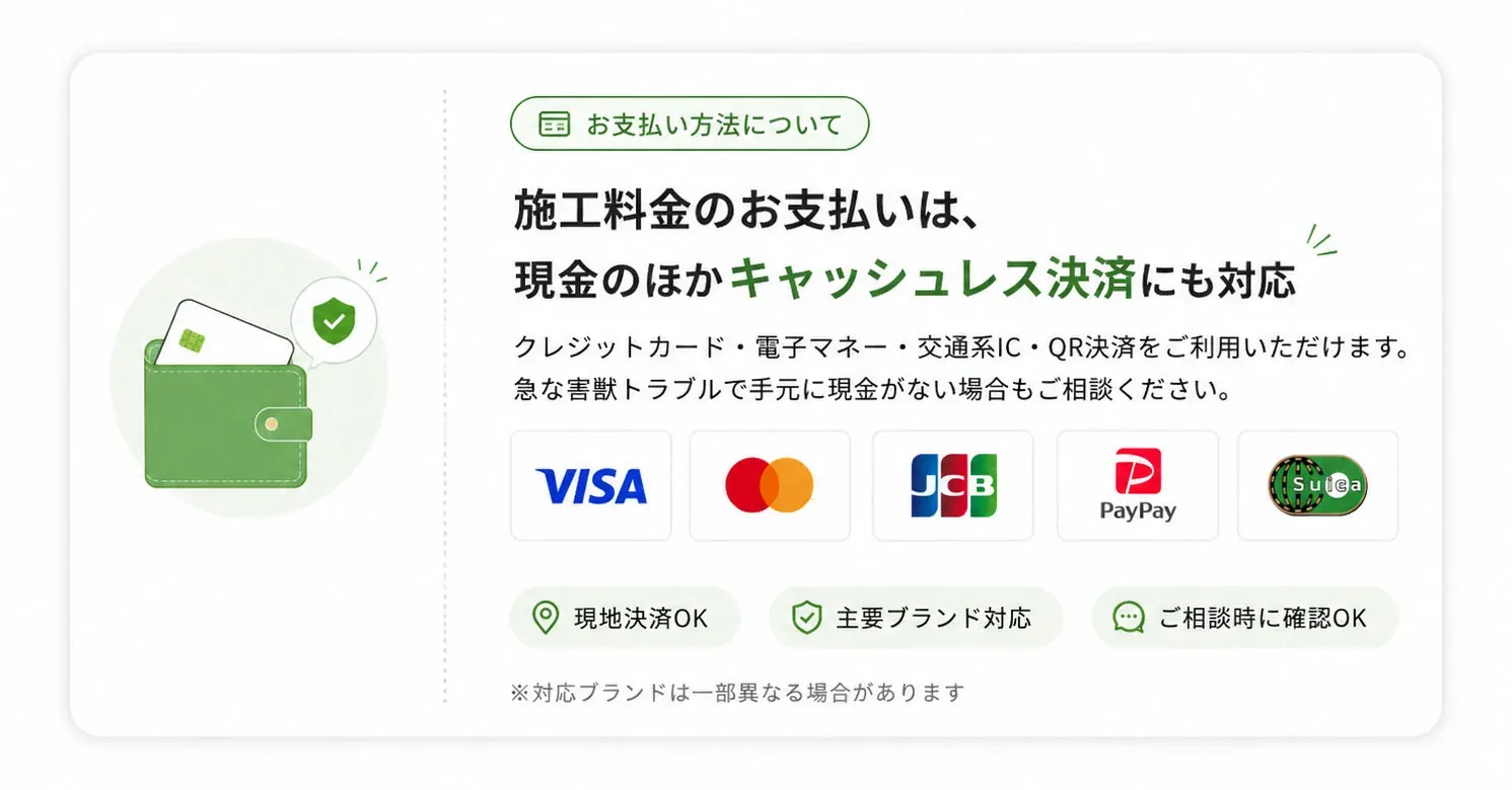 お支払い方法について：施工料金のお支払いは現金のほかキャッシュレス決済にも対応。クレジットカード・電子マネー・交通系IC・QR決済をご利用いただけます。現地決済OK、主要ブランド対応、ご相談時に確認OK。対応ブランドは一部異なる場合があります